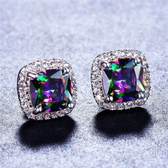 MULTICOLORED TOPAZ DIAMOND WHITE GOLD STUD EARRINGS - Picture 1 of 5